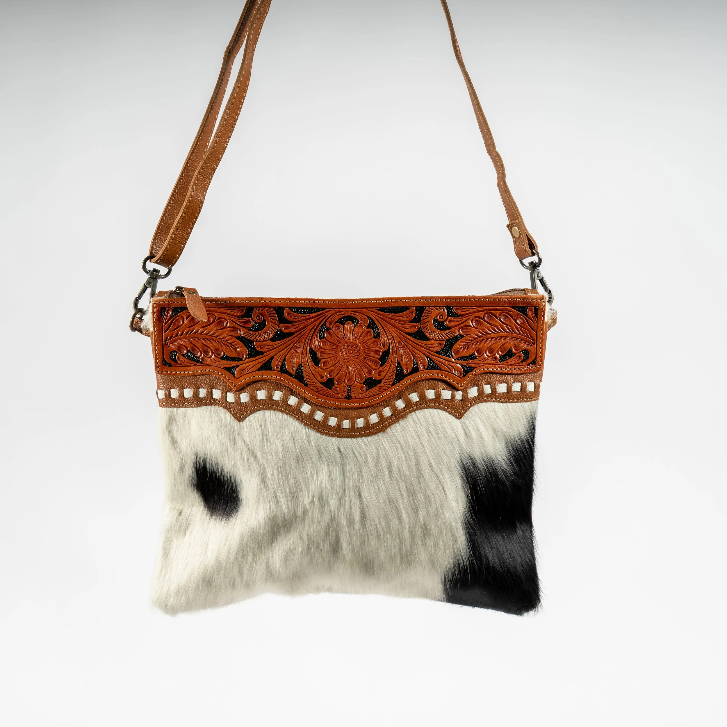 Cowhide and Leather Hand-Tooled Crossbody