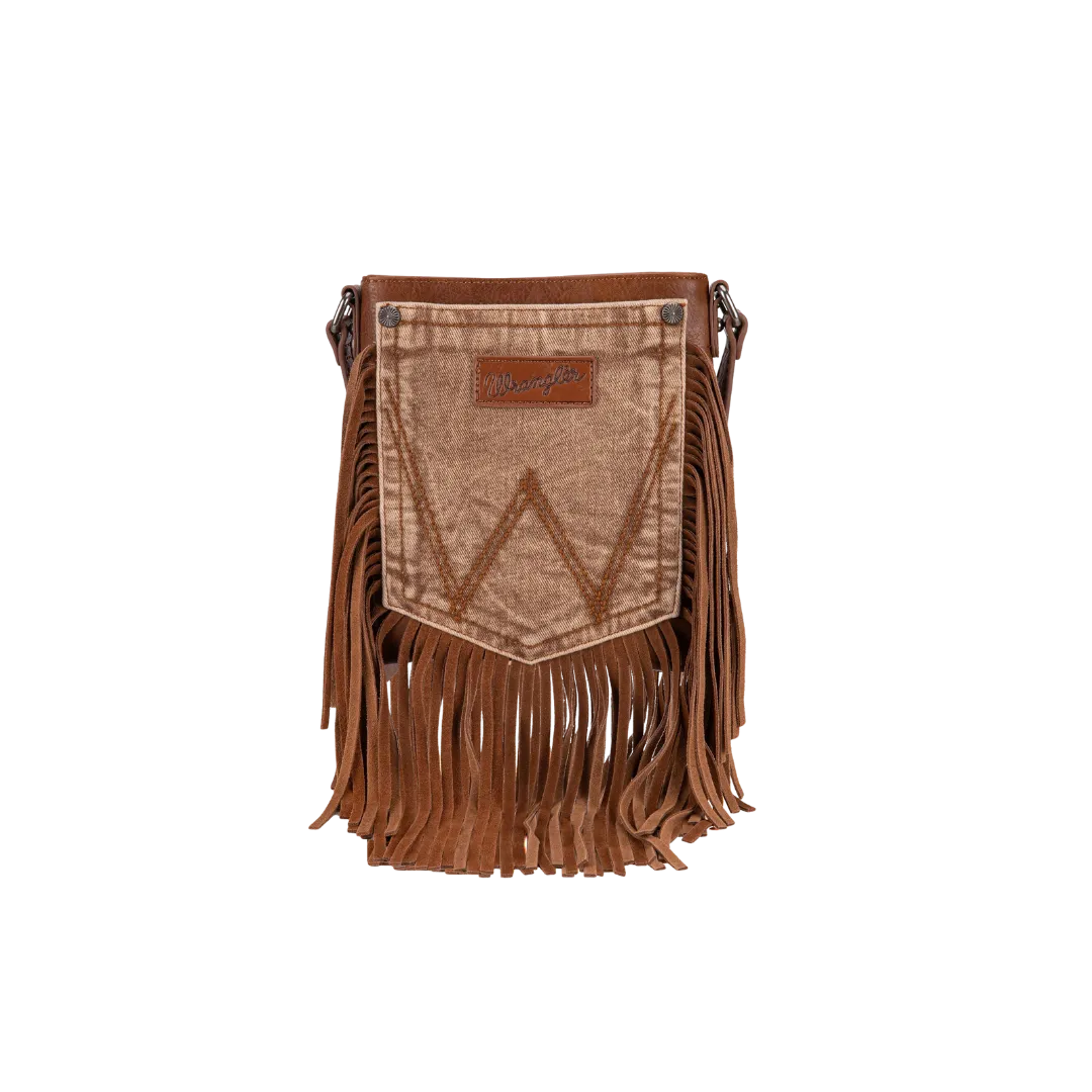 Montana West Women's Wrangler Leather Fringe Jean Denim Pocket Light Brown Crossbody