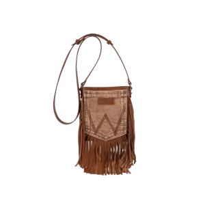Montana West Women's Wrangler Leather Fringe Jean Denim Pocket Light Brown Crossbody