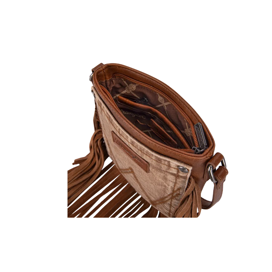 Montana West Women's Wrangler Leather Fringe Jean Denim Pocket Light Brown Crossbody