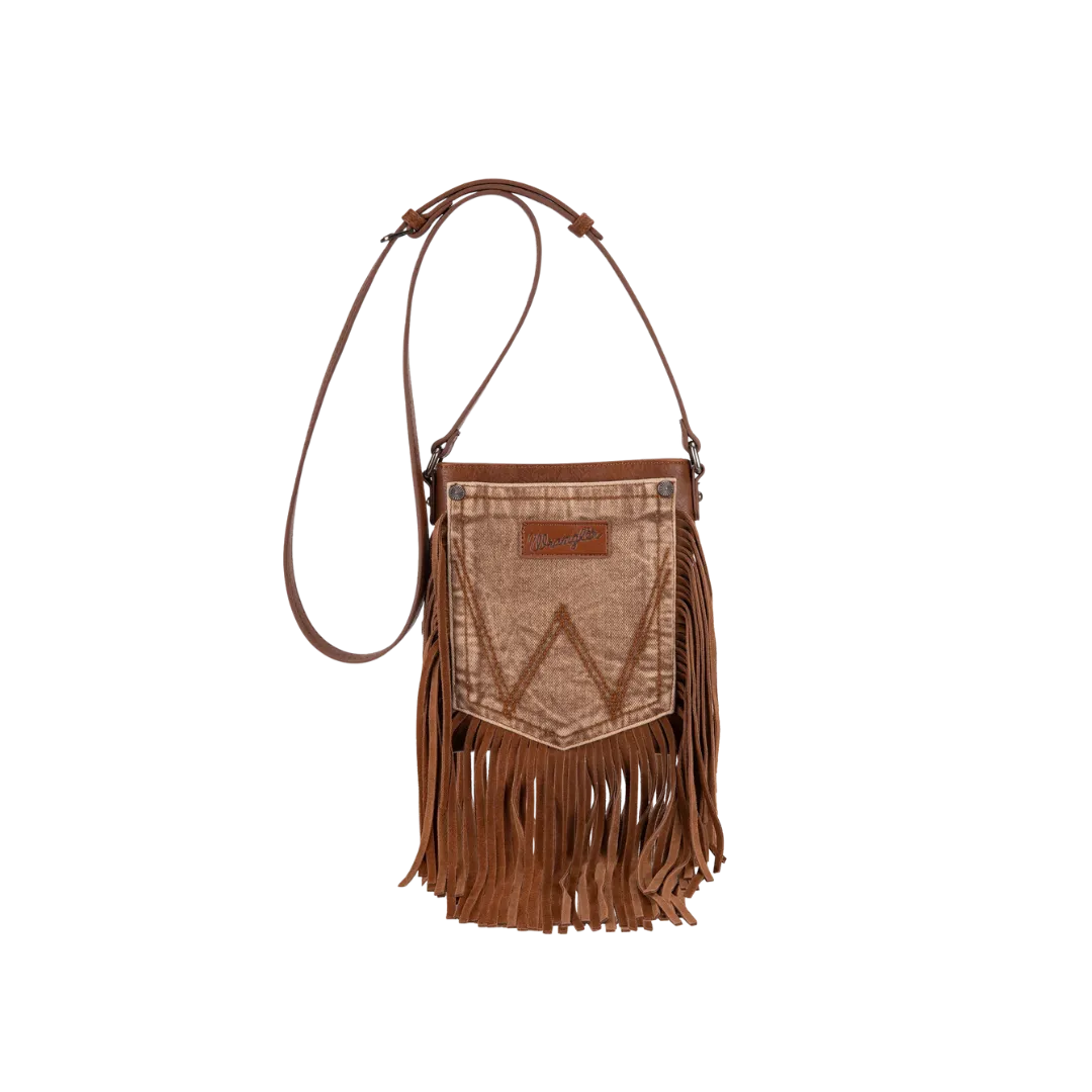 Montana West Women's Wrangler Leather Fringe Jean Denim Pocket Light Brown Crossbody
