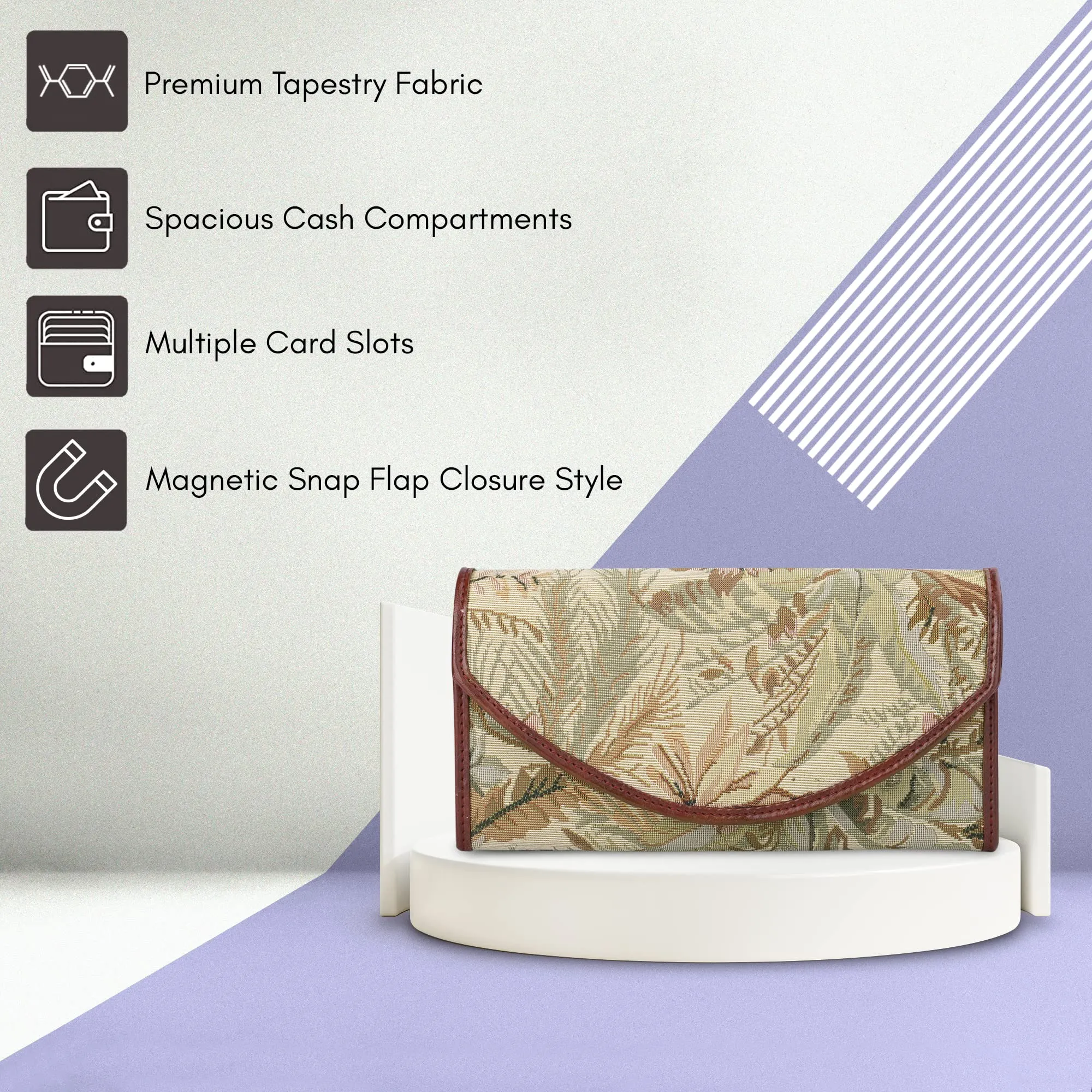THE CLOWNFISH Mia Collection Tapestry Fabric & Faux Leather Snap Flap Closure Womens Wallet Clutch Ladies Purse with Multiple Card Holders (Off White-Floral)