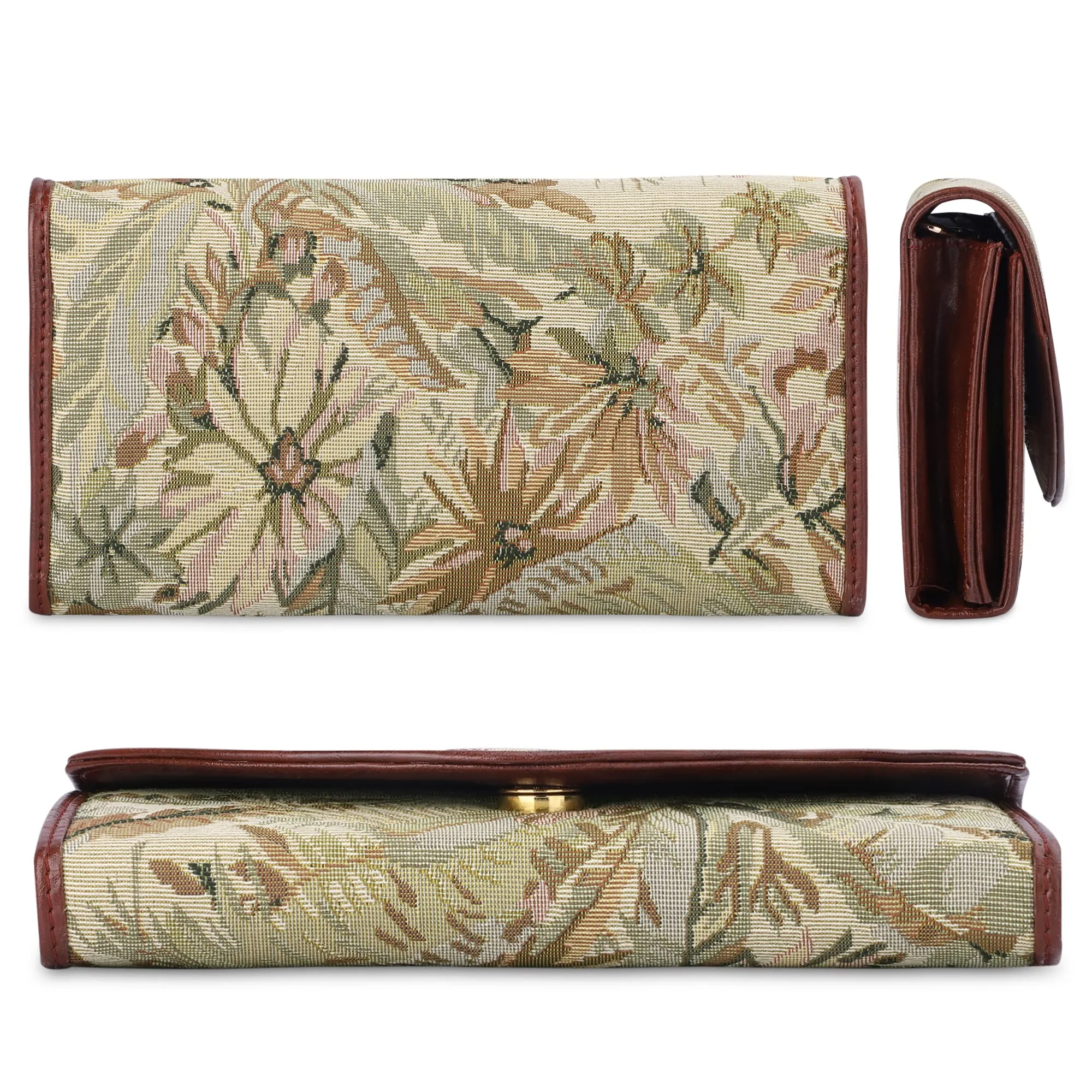 THE CLOWNFISH Mia Collection Tapestry Fabric & Faux Leather Snap Flap Closure Womens Wallet Clutch Ladies Purse with Multiple Card Holders (Off White-Floral)