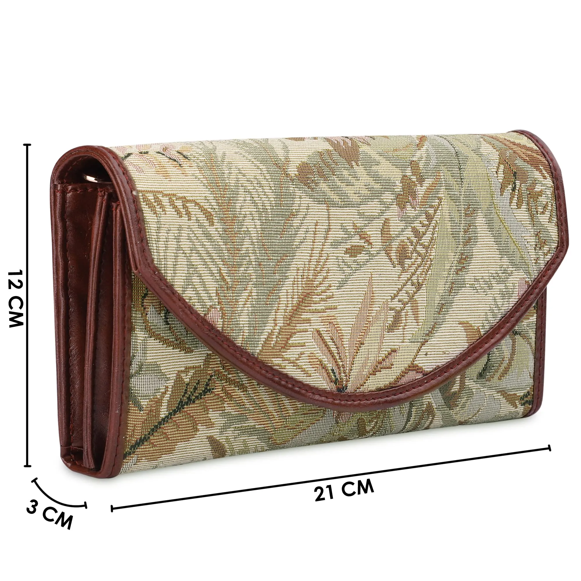 THE CLOWNFISH Mia Collection Tapestry Fabric & Faux Leather Snap Flap Closure Womens Wallet Clutch Ladies Purse with Multiple Card Holders (Off White-Floral)