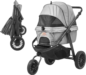Vevor Pet Stroller 75 Lbs. Capacity 3-Wheel Dual-Brake Quick Fold Storage Basket Grey New